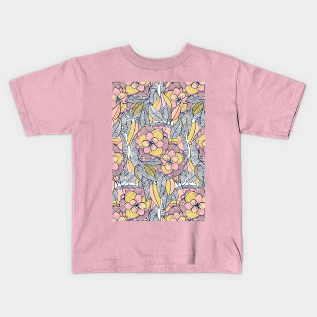 Pink and Peach Linework Floral Pattern Kids T-Shirt by micklyn